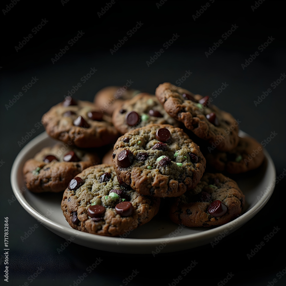 Obraz premium A plate piled high with chocolate chip and mint cookies dessert