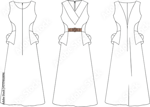 Technical flat fashion sketch vector of sleeveless long dress with peplum waist detail, fitted bodice, flowing skirt, decorative belt buckle