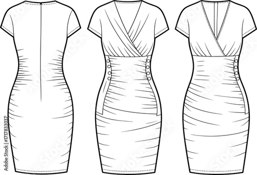 Technical flat fashion sketch vector of fitted short-sleeve ruched dress with V-neckline, wrap bodice, side buttons, gathered waist design