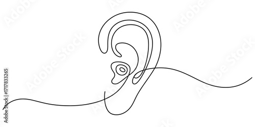 Single line drawing of a human ear expressing sound waves emanating outward minimalist art vector