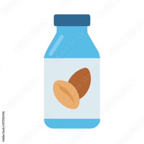 Simple and modern icon of a bottle of almond milk with almonds on the label for healthy eating and vegan lifestyle