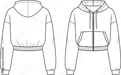 Front and back view zip up hoodie fashion flat sketch, ribbed hem, drawstring hood, casual sweatshirt technical vector illustration
