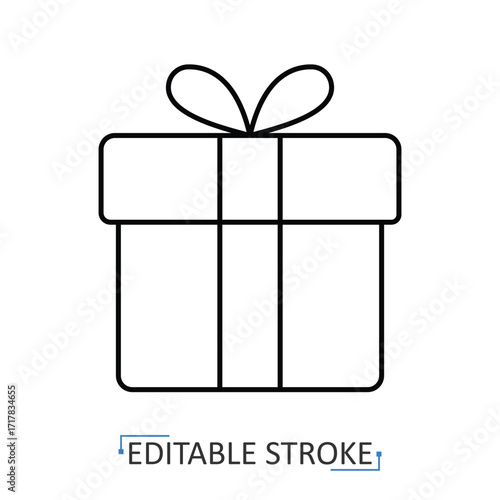 A gift box icon in minimalist style with editable stroke. Present symbol, celebration element, holiday decoration, birthday object, surprise, reward, festive package, party accessory