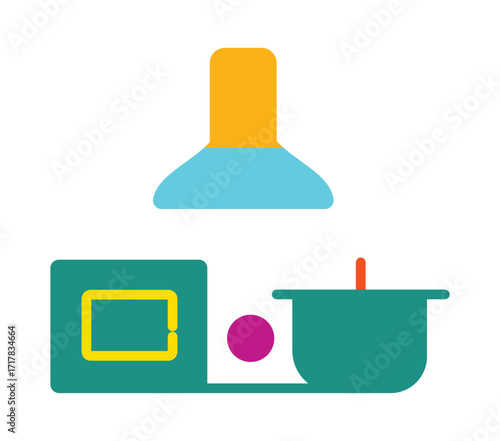 Kitchen interior with cooking appliances. Modern flat illustration of a stove, oven, pot, and extractor hood for food and culinary concepts.