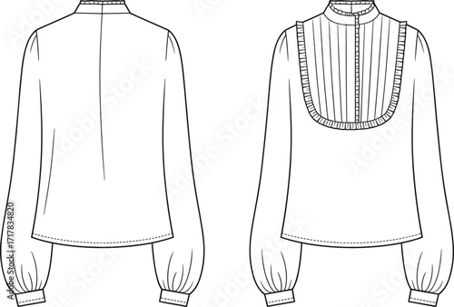 Technical flat fashion vector illustration of long sleeve blouse with pleated bib front, ruffle trim, button placket, stand collar, front back views