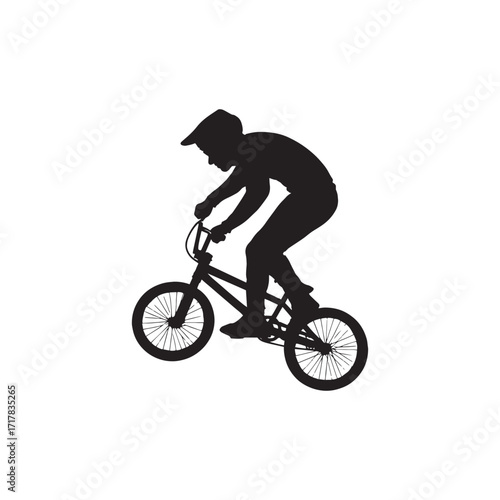 Man with helmet riding BMX and performing a jump. Black solid silhouette vector, isolated on white background. Perfect for BMX racing graphics, extreme sports posters, bike game designs, urban street 