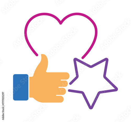 Social media engagement icons with thumbs up, heart, and star. Modern flat illustration for concepts of like, love, and favorite.