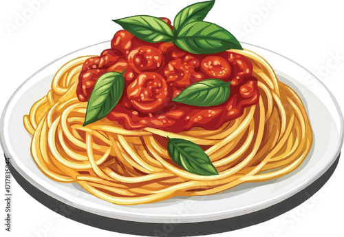 Plate of Spaghetti with Tomato Sauce and Fresh Basil Leaves Illustration pasta marinara
