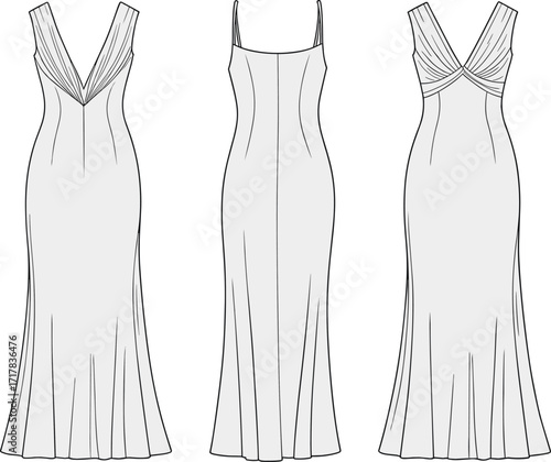 Elegant evening gown fashion illustration front and back view with deep V neckline, pleated bust detail, mermaid silhouette vector design