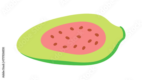 A half of a guava fruit with pink flesh and small seeds, the green skin surrounds the sweet and juicy interior