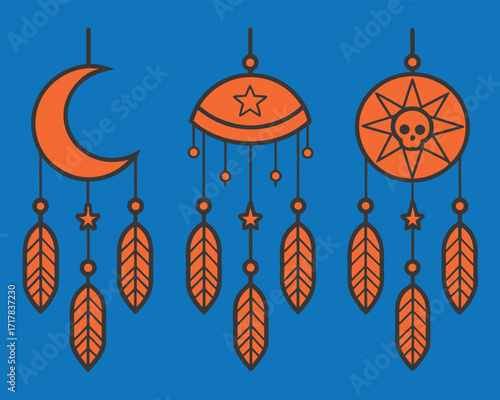 Orange Dreamcatchers with Moon, Star, and Skull Designs on a Blue Background