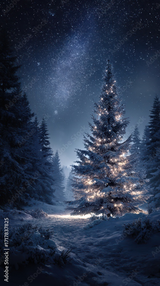 Naklejka premium Winter night in a snowy forest with a beautifully lit Christmas tree under a starry sky