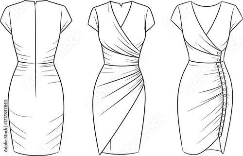 Fashion technical sketch of fitted women’s dress design with V-neckline, short sleeves, ruched details, wrap style, and button variation