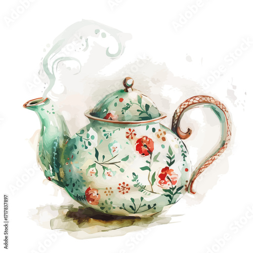 My Watercolor design, tea pot with holiday pattern painting isolated on a white background, illustration, AI painting design, vector set, eps format design