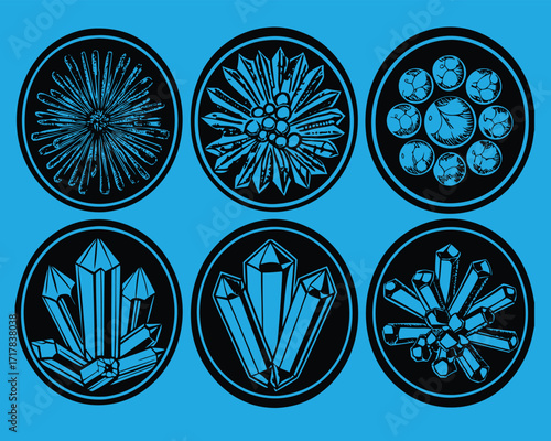 Unique Blue and Black Crystal Formation Illustrations Set Against a Teal Background