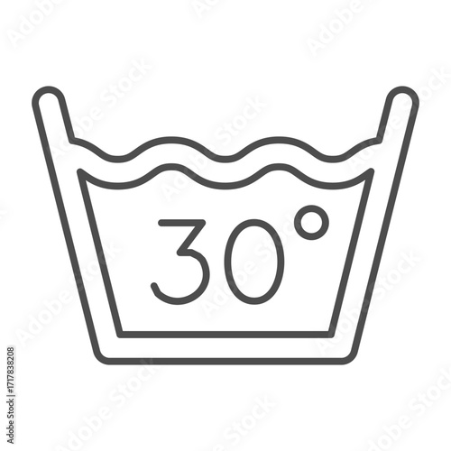 Basin with normal water thin line icon, manual washing concept. Vector graphics. Thirty degree water for wash, laundry sign on white background, outline style icon for mobile or web design.