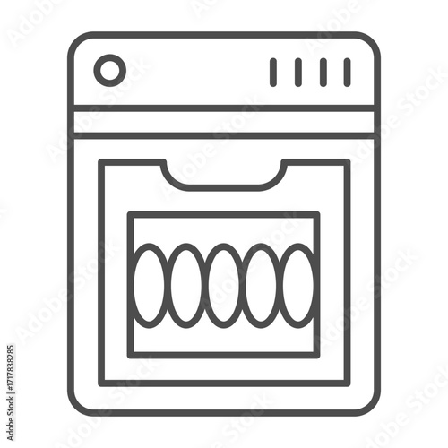 Dishwashing machine with buttons and plates thin line icon, washing concept. Vector graphics. Machine for plate washing sign on white background, outline style icon for mobile or web design.