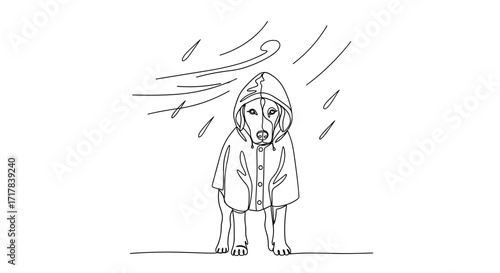 Dog facing storm in raincoat in line art style symbolizing bravery and loyalty