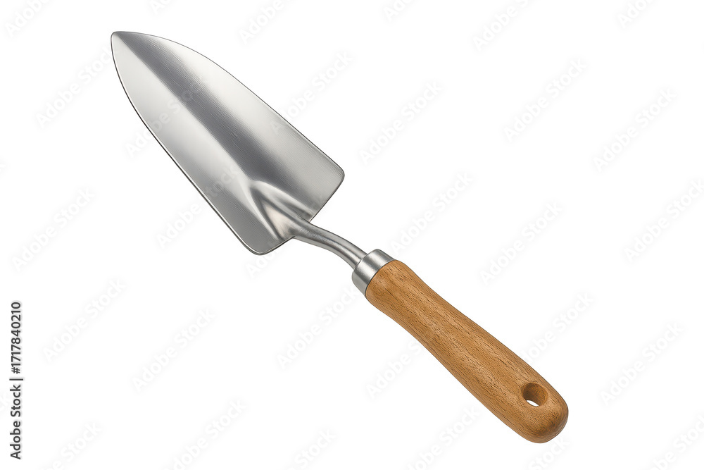 Fototapeta premium Garden trowel with wooden handle isolated on transparent background, metal tool