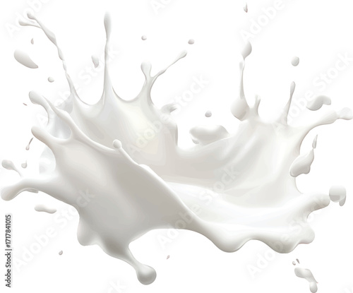 White Milk Splash with Droplets and Waves on White Background Keywords: milk, splash, liquid, dairy, white, creamy, fluid, dynamic, motion, droplets, waves