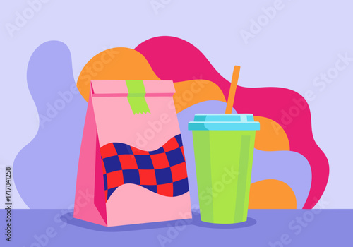Illustration of take-out food bag and beverage with straw on flat background