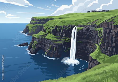 Coastal cliffs with a stunning waterfall cascading into the ocean and rolling green hills