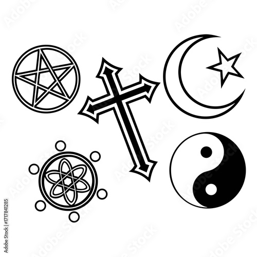 Collection of religious symbols including a pentagram, cross, crescent, atom, and yin yang symbol created with generated ai
