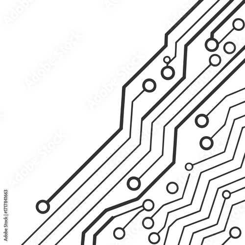 Circuit board illustration with black lines and circular components on a white background design layout created with generated ai
