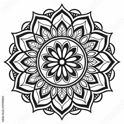 A black and white mandala design featuring floral patterns and symmetrical petal arrangements in a circular form created with generated ai