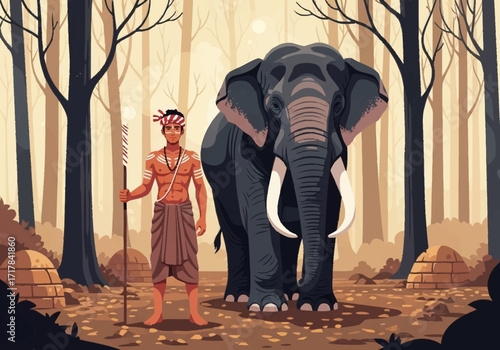 Illustration of an indigenous tribal man with a spear standing beside his majestic elephant in the forest