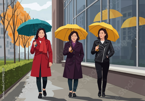 Rainy Stroll Women Walking with Umbrellas in City Street during Autumn Season