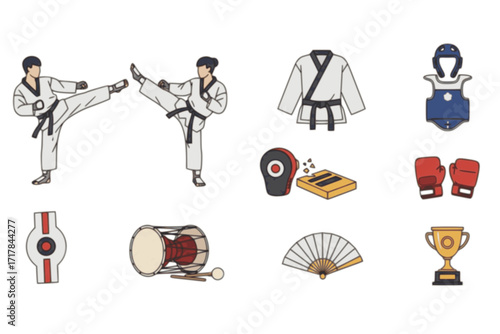 Taekwondo Sport and Discipline Set – Original Vector Illustrations Featuring Martial Arts Poses, Kicks, Sparring, Uniforms, and Traditional Taekwondo Training Elements