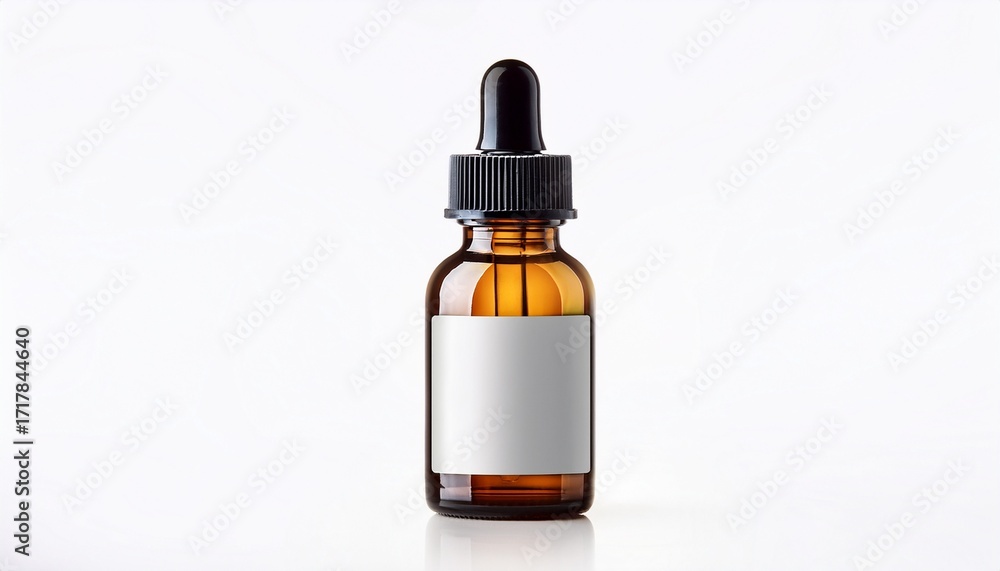 Fototapeta premium Minimalist Glass Dropper Bottle With Blank Label Isolated On White Background