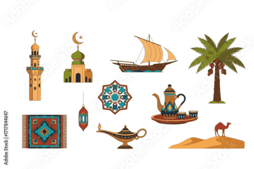 Middle East Original Element Flat Set – Vector Collection Featuring Traditional Architecture, Camels, Desert Landscape, Cultural Symbols, and Middle Eastern Heritage Icons