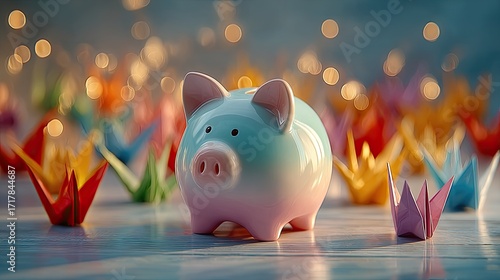 A ceramic piggy bank painted in pastel tones surrounded by colorful origami cranes for a playful savings concept