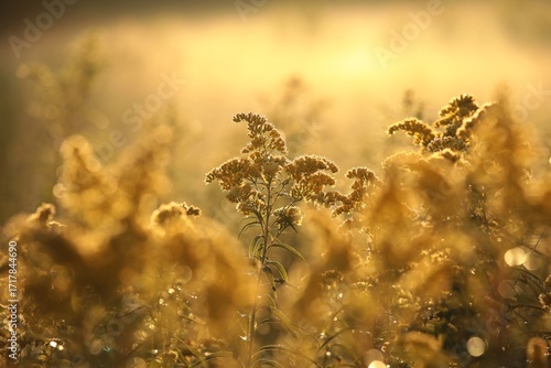 Goldenrod - Solidago blooming in a meadow during sunrise, Poland