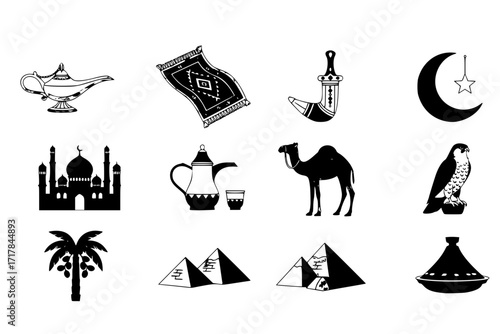 Middle East Original Element Flat Set – Vector Collection Featuring Traditional Architecture, Camels, Desert Landscape, Cultural Symbols, and Middle Eastern Heritage Icons