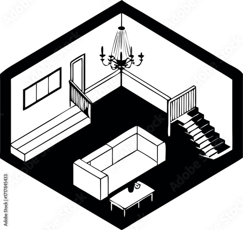 Isometric living room interior design with staircase and chandelier vector