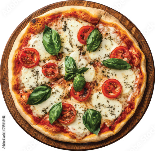Freshly Baked Margherita Pizza with Basil and Tomatoes on Wooden Board Keywords: pizza, margherita, italian food, cheese, tomato, basil, mozzarella, dough