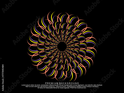 Music poster design background. Electro Sound Cover Template with dynamic abstract gradient circular geometric line shapes for t-shirt screen printing, technology, digital, party, festival and club.