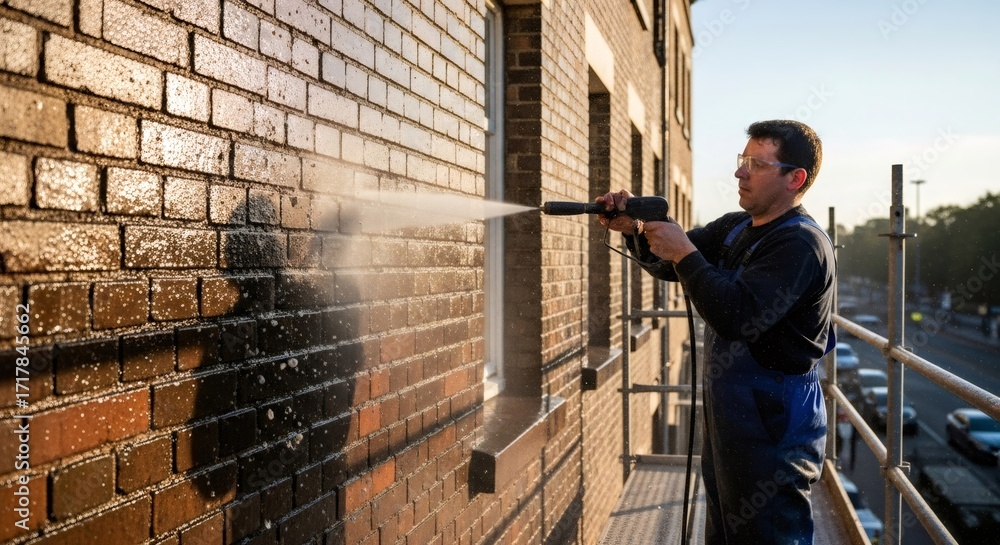 Fototapeta premium Man pressure washing a brick wall while standing on scaffolding. Professional facade cleaning or building property maintenance service.