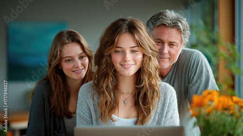 Saving for College - Parents and a teenager looking at a laptop displaying a 529 plan, hopeful expressions, cozy living room setting