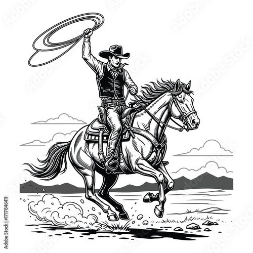 Dynamic cowboy lassoing horse wild west western scene action outdoor adventure silhouette