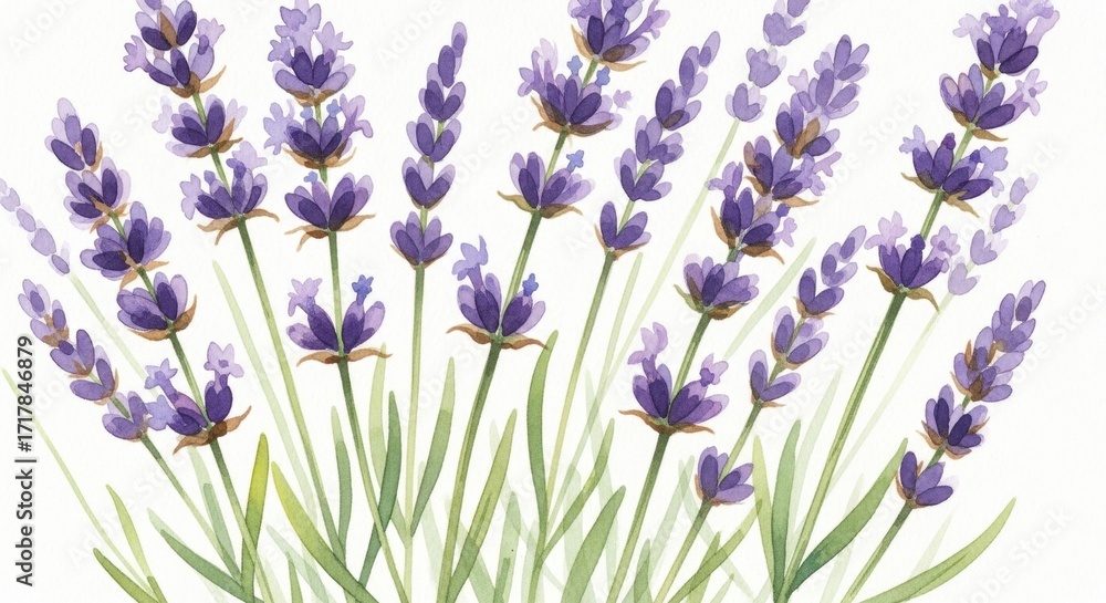 Naklejka premium Delicate Watercolor Painting of Lavender Sprigs with Soft Purple Blooms and Green Stems