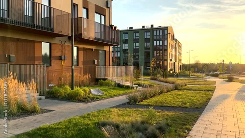 Modern Residential Building at Sunrise in Tranquil Neighborhood. Duplex Townhouse at Lush Greenery and Pathways. Enjoy peaceful morning in contemporary apartment complex surrounded by vibrant nature. 