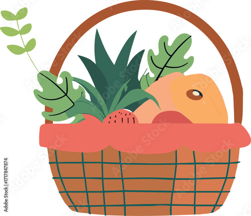 wicker basket filled with fruits and greenery, including a pineapple, strawberry, mango, and large leafy greens, creating a fresh and vibrant look.