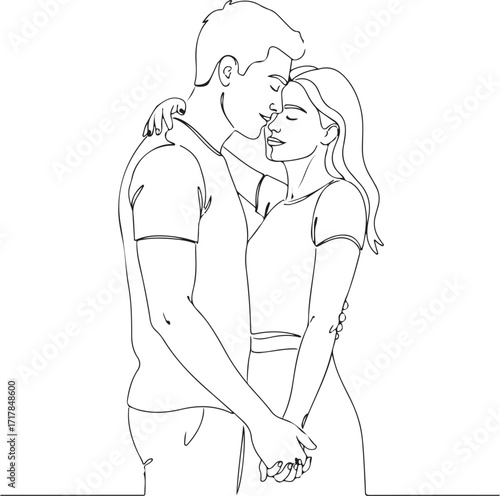 Continuous line drawing of couple hugging holding hands