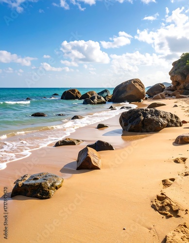 Wallpaper Mural Sunny beach scene with large rocks Torontodigital.ca