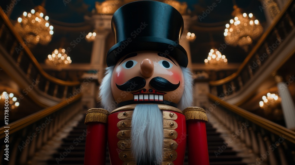 Fototapeta premium Nutcracker Figure Standing in Opulent Hallway with Chandeliers and Elegant Stairs
