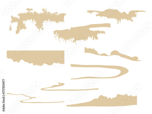 collection of beige vector silhouettes representing dripping slime, uneven ground, rough terrain, and spooky landscape elements, commonly used for Halloween or horror-themed designs.
